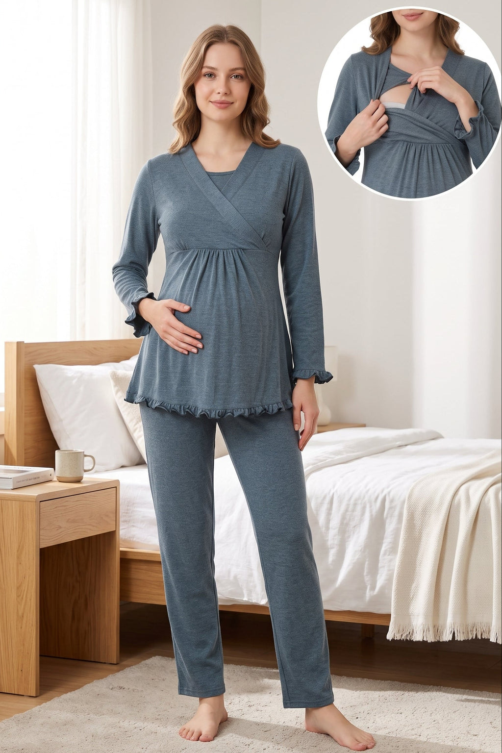 Pleated Trim Maternity Feeding-Friendly Pajama Set Indigo - T4042