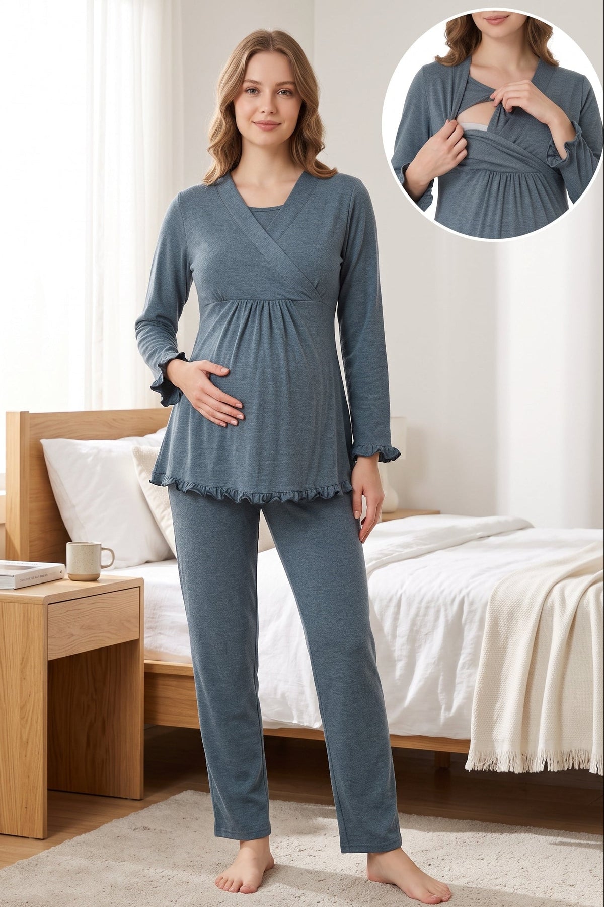 Pleated Trim Maternity Feeding-Friendly Pajama Set Indigo - T4042