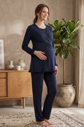 Pleated Trim Maternity Feeding-Friendly Pajama Set Navy Blue - T4042