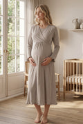 Pleated Trim Maternity Feeding-Friendly Nightgown Beige - T4043