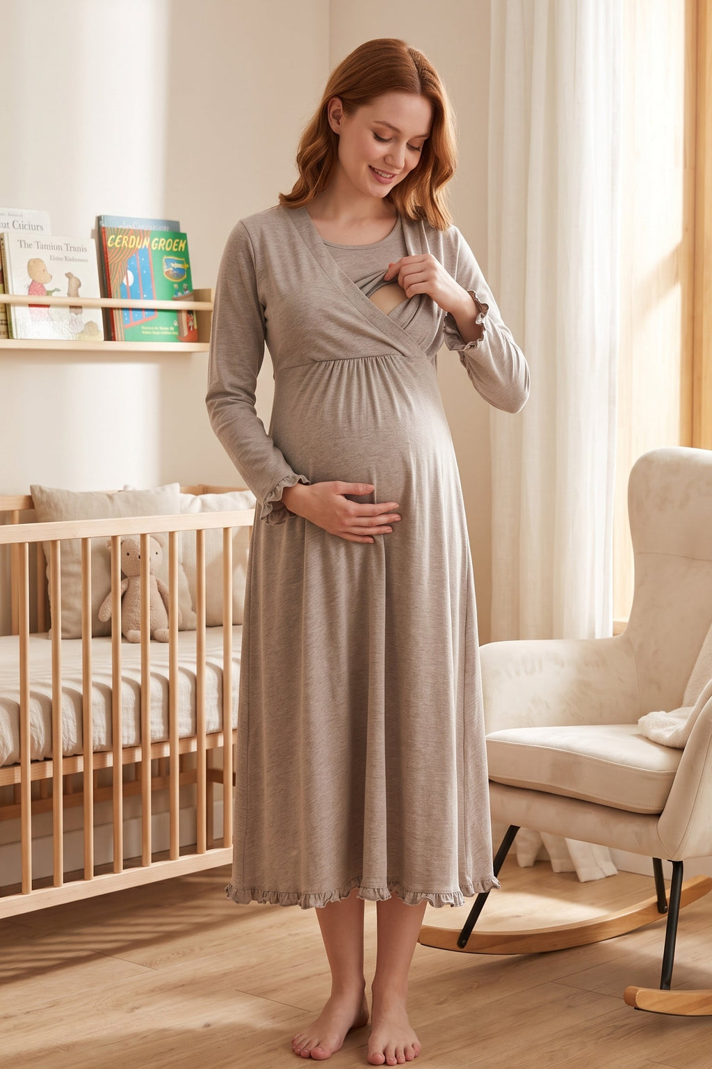 Pleated Trim 4-Piece Maternity Feeding-Friendly Set Beige - T4046
