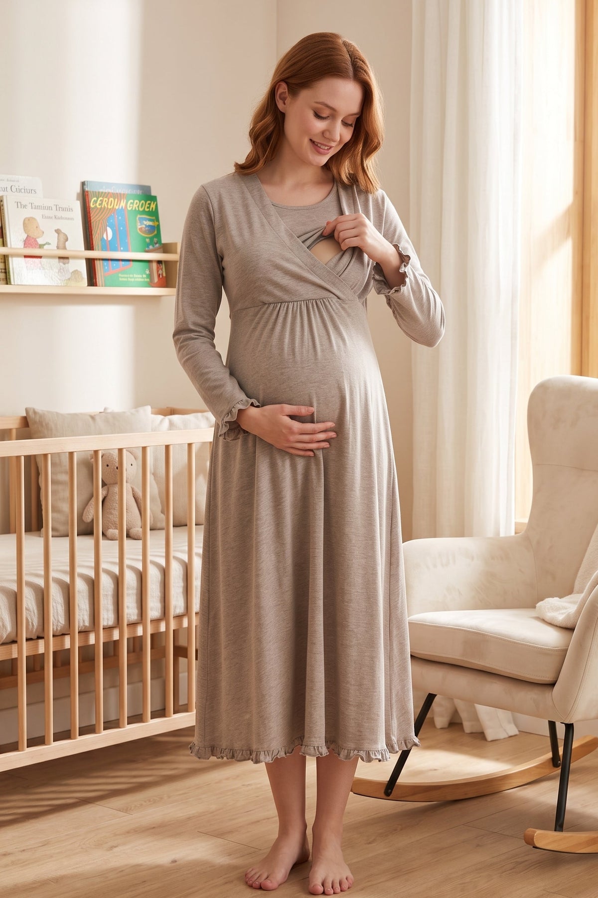 Pleated Trim 4-Piece Maternity Feeding-Friendly Set Beige - T4046