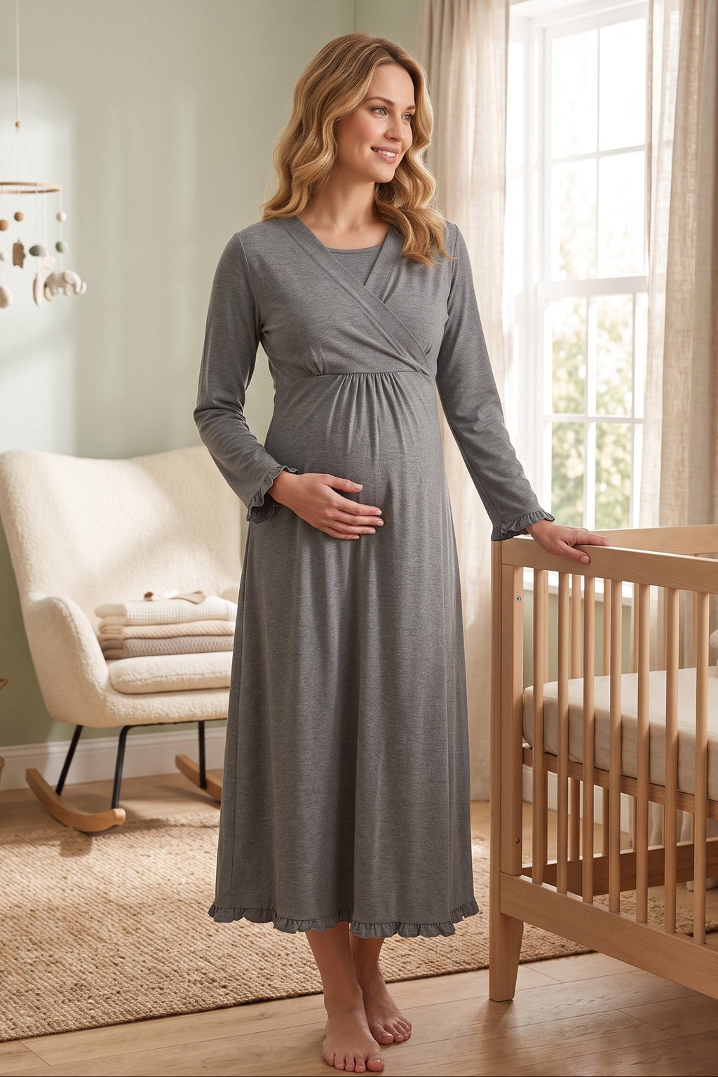 Pleated Trim Maternity Feeding-Friendly Nightgown Charcoal - T4043