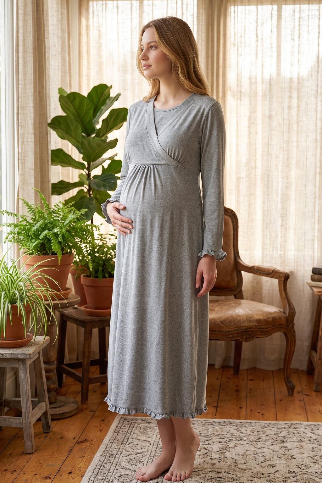 Pleated Trim Maternity Feeding-Friendly Nightgown Grey - T4043