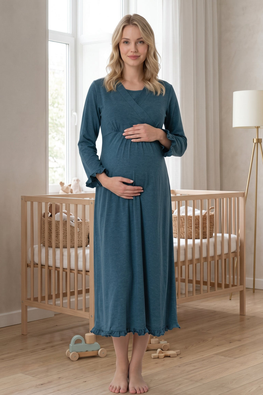Pleated Trim Maternity Feeding-Friendly Nightgown Indigo - T4043