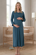 Pleated Trim Maternity Feeding-Friendly Nightgown Indigo - T4043