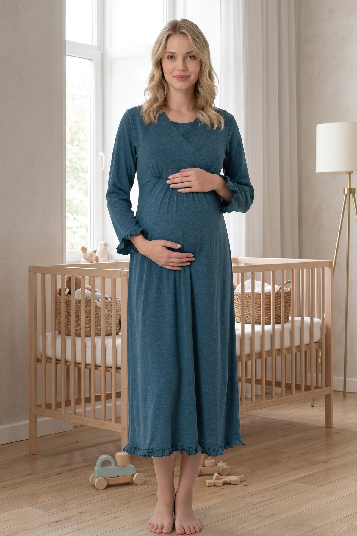 Pleated Trim Maternity Feeding-Friendly Nightgown Indigo - T4043