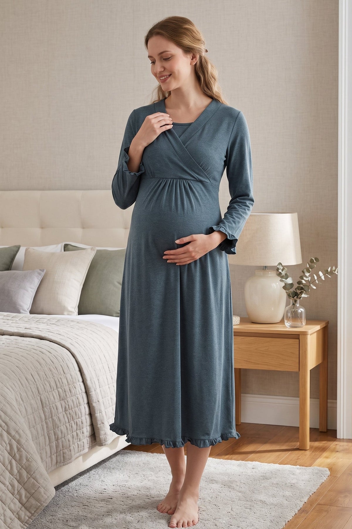 Pleated Trim Maternity Feeding-Friendly Nightgown Indigo - T4043