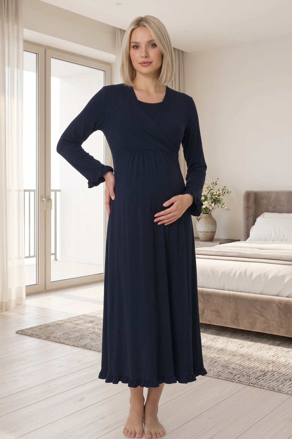Pleated Trim Maternity Feeding-Friendly Nightgown Navy Blue - T4043