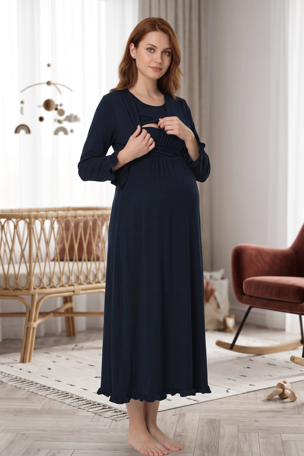 Pleated Trim 4-Piece Maternity Feeding-Friendly Set Navy Blue - T4046