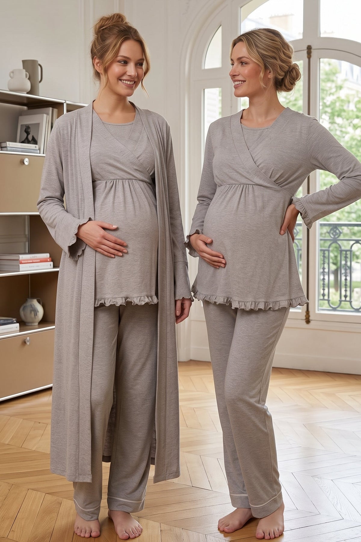 Pleated Trim 3-Piece Maternity Feeding-Friendly Pajama & Robe Set Beige - T4044