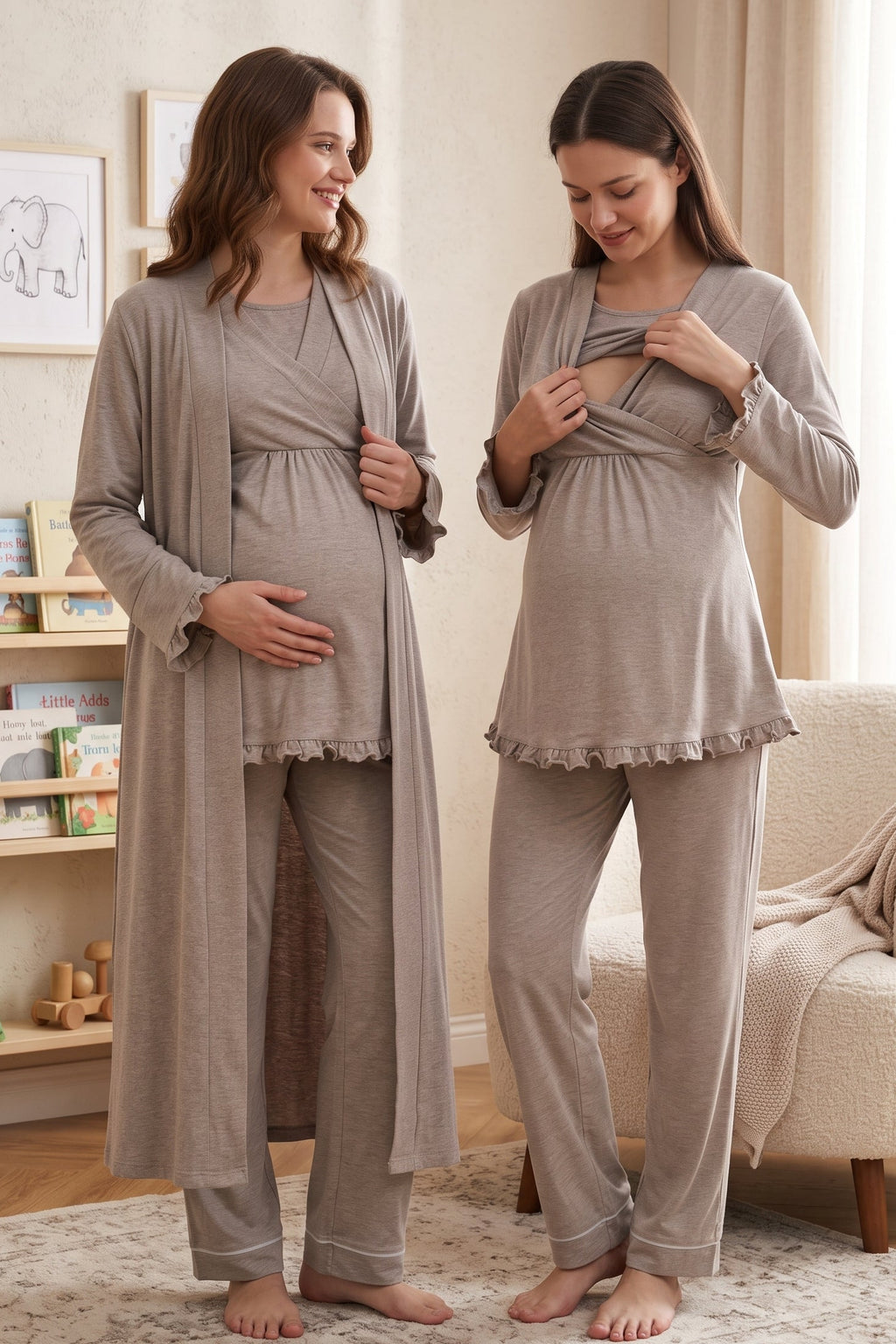Pleated Trim 3-Piece Maternity Feeding-Friendly Pajama & Robe Set Beige - T4044