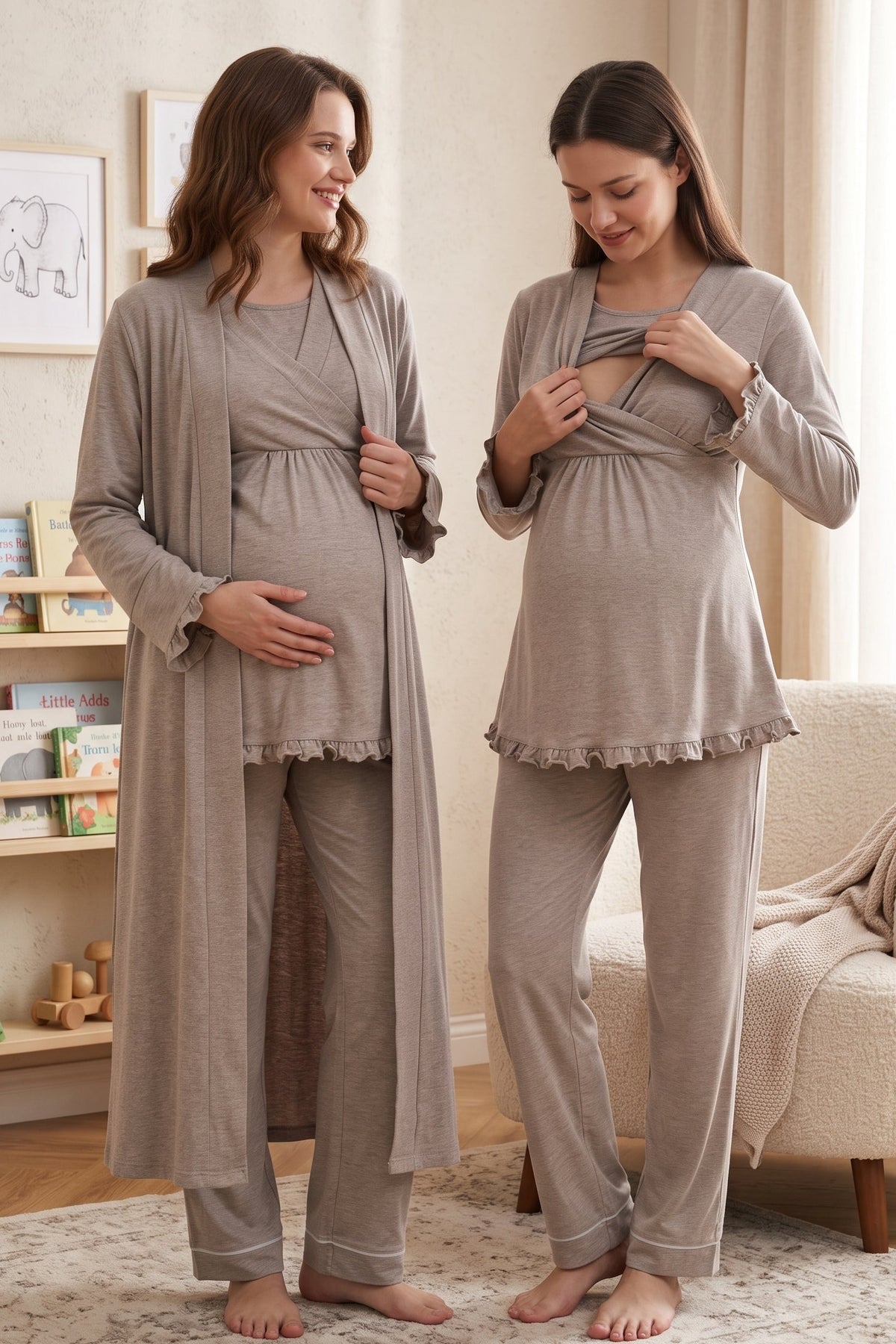 Pleated Trim 3-Piece Maternity Feeding-Friendly Pajama & Robe Set Beige - T4044