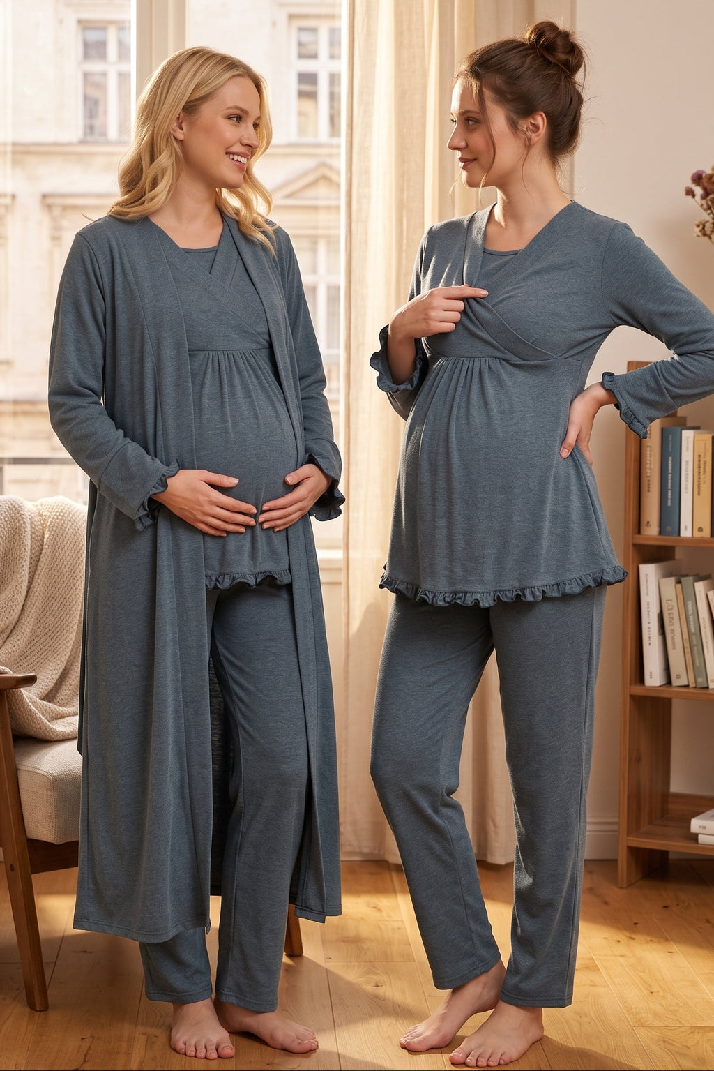Pleated Trim 3-Piece Maternity Feeding-Friendly Pajama & Robe Set Indigo - T4044