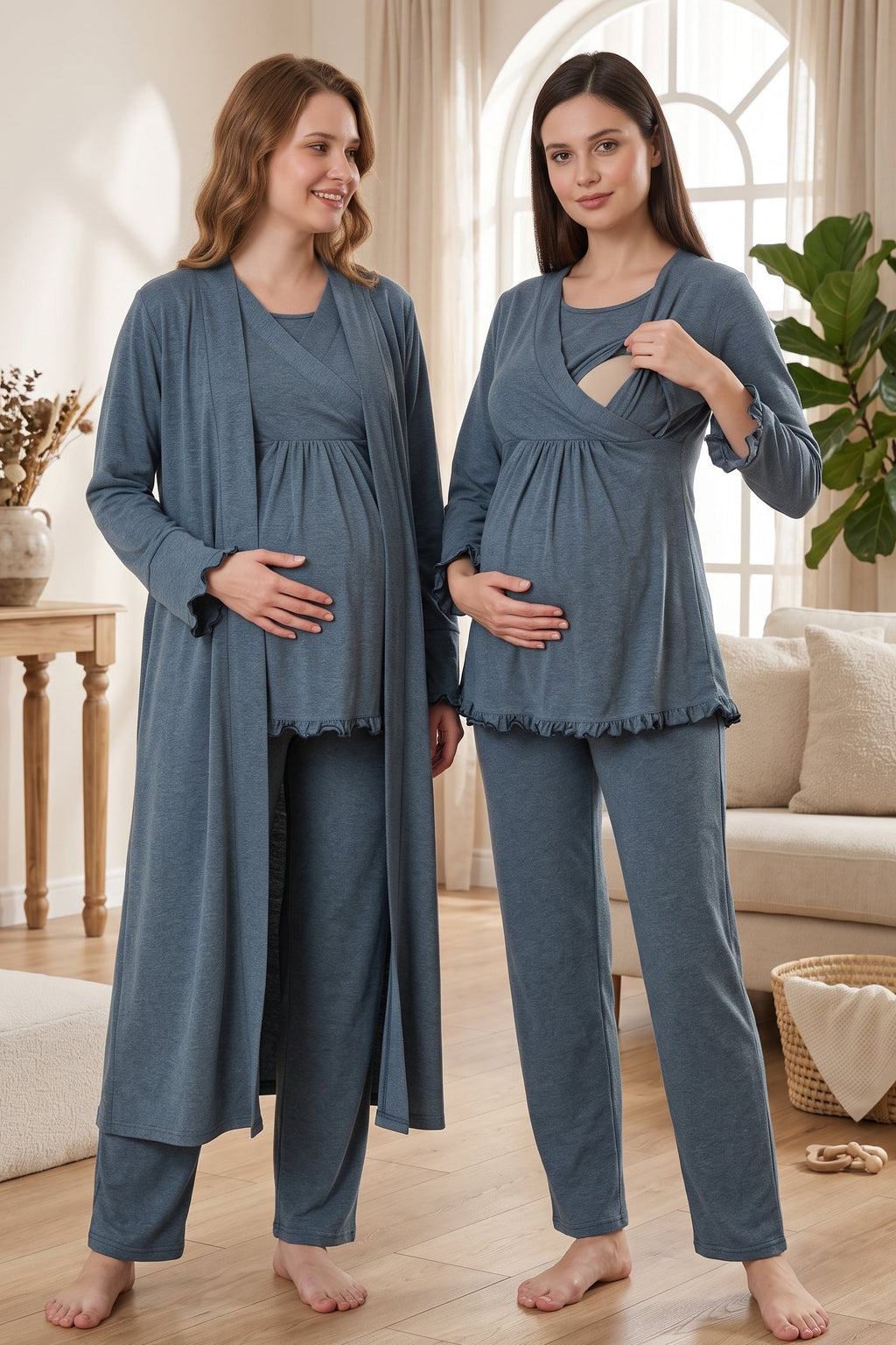 Pleated Trim 3-Piece Maternity Feeding-Friendly Pajama & Robe Set Indigo - T4044