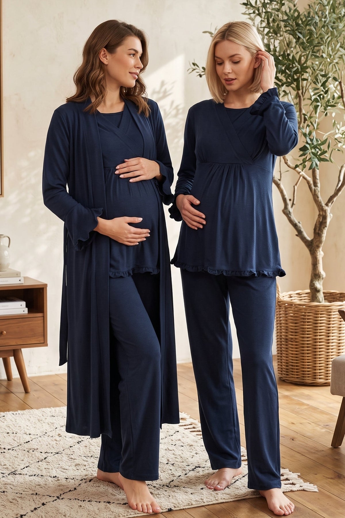 Pleated Trim 3-Piece Maternity Feeding-Friendly Pajama & Robe Set Navy Blue - T4044
