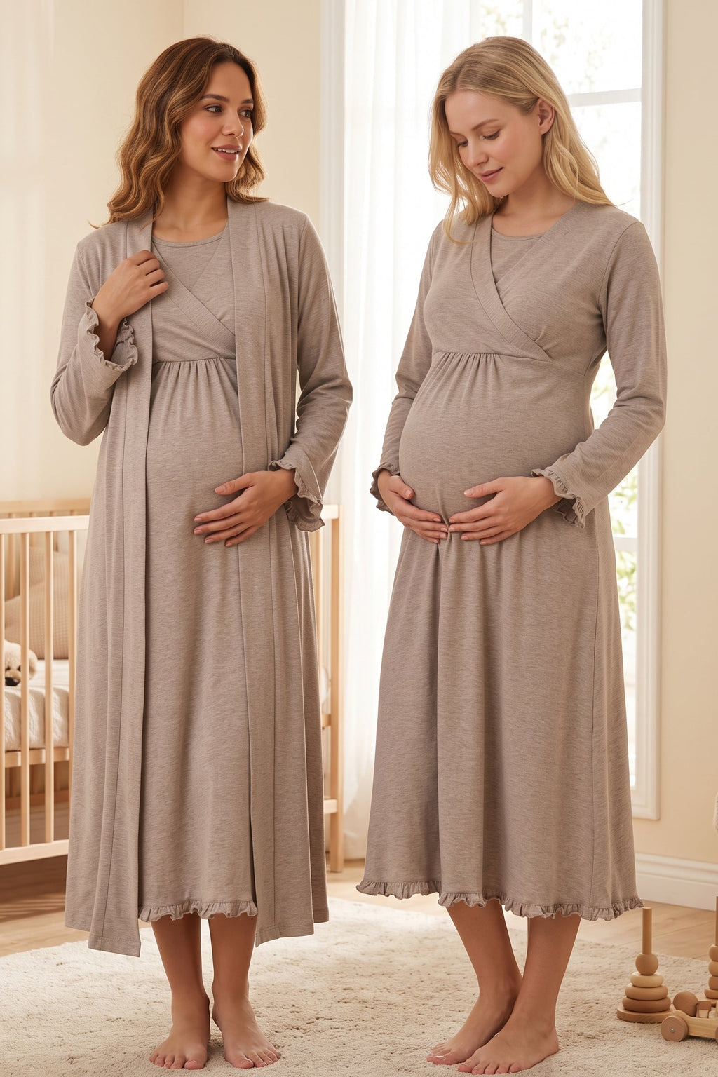 Pleated Trim 2-Piece Maternity Feeding-Friendly Nightgown & Robe Set Beige - T4045