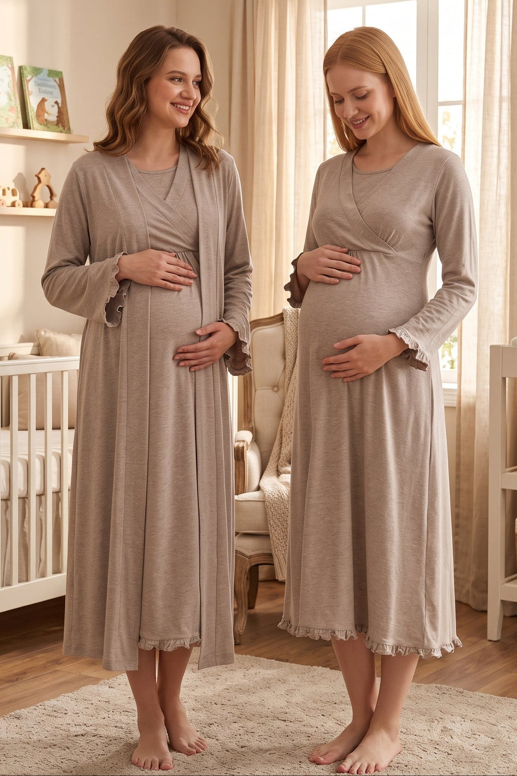 Pleated Trim 2-Piece Maternity Feeding-Friendly Nightgown & Robe Set Beige - T4045