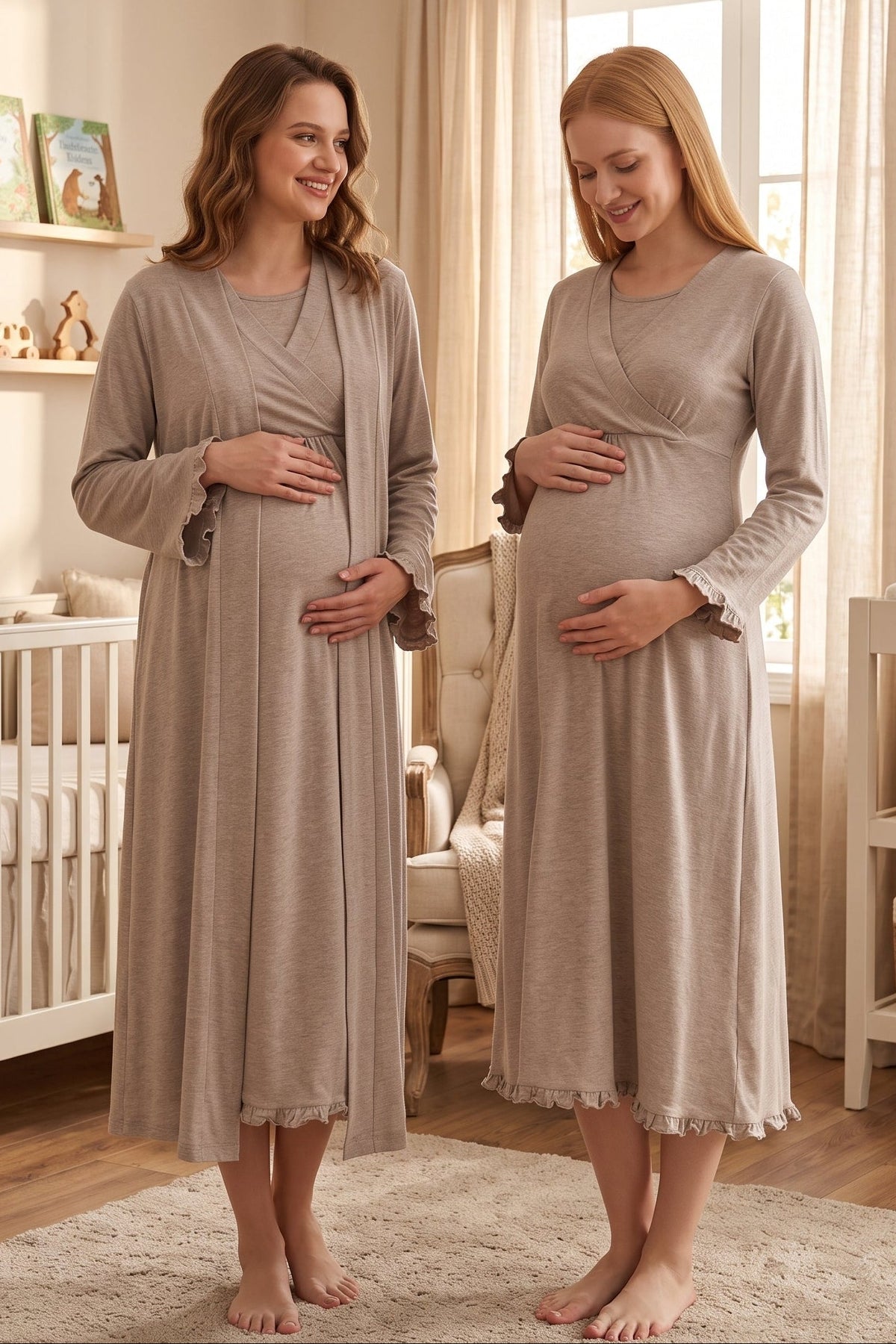 Pleated Trim 2-Piece Maternity Feeding-Friendly Nightgown & Robe Set Beige - T4045