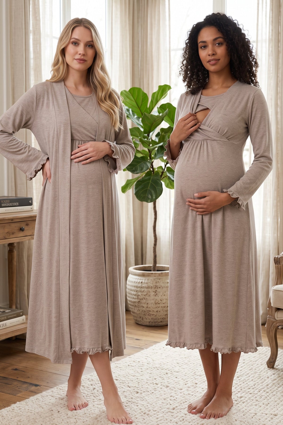 Pleated Trim 2-Piece Maternity Feeding-Friendly Nightgown & Robe Set Beige - T4045