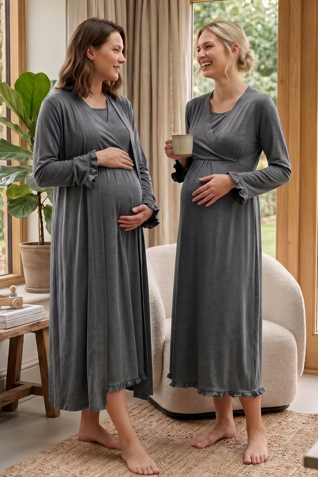 Pleated Trim 2-Piece Maternity Feeding-Friendly Nightgown & Robe Set Charcoal - T4045