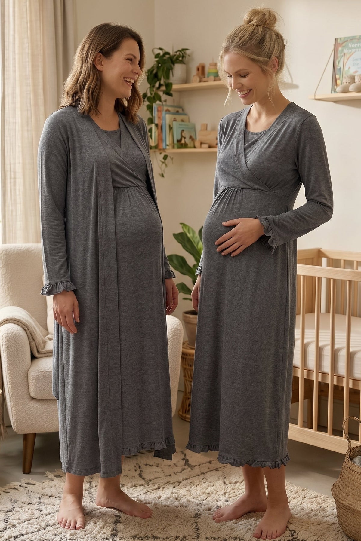 Pleated Trim 2-Piece Maternity Feeding-Friendly Nightgown & Robe Set Charcoal - T4045