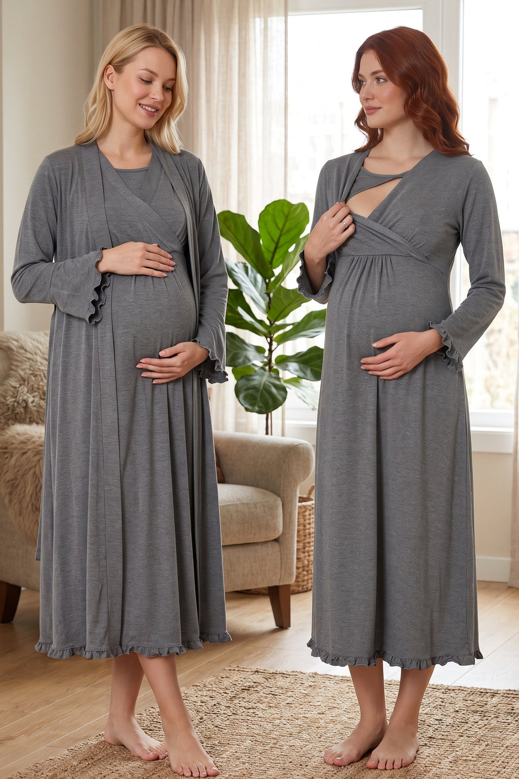 Pleated Trim 2-Piece Maternity Feeding-Friendly Nightgown & Robe Set Charcoal - T4045