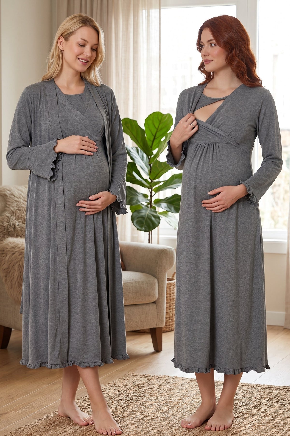 Pleated Trim 2-Piece Maternity Feeding-Friendly Nightgown & Robe Set Charcoal - T4045