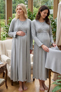 Pleated Trim 2-Piece Maternity Feeding-Friendly Nightgown & Robe Set Grey - T4045
