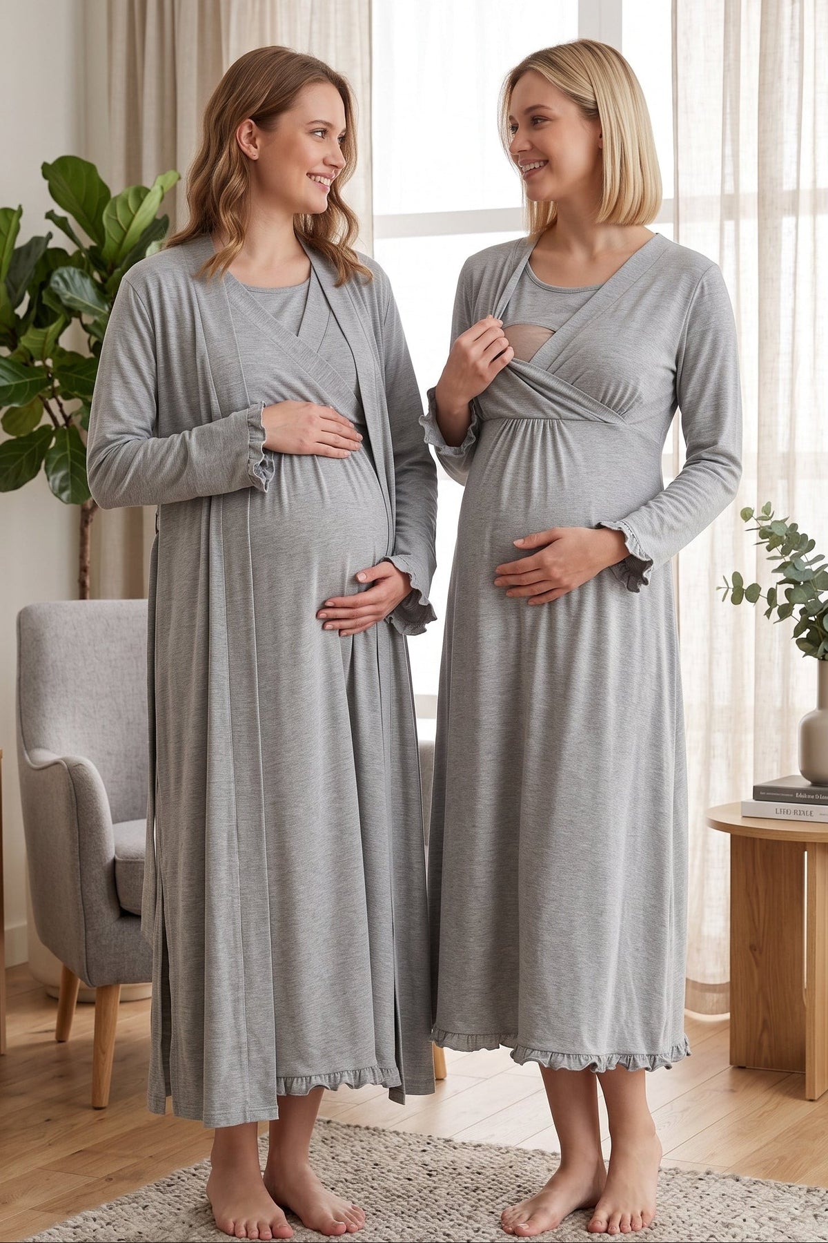 Pleated Trim 2-Piece Maternity Feeding-Friendly Nightgown & Robe Set Grey - T4045
