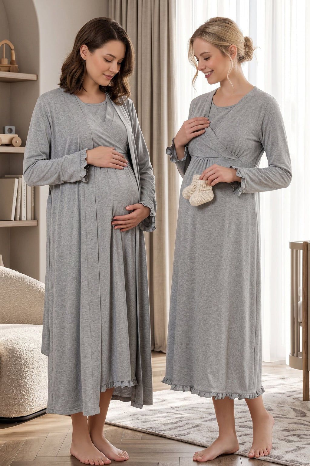 Pleated Trim 2-Piece Maternity Feeding-Friendly Nightgown & Robe Set Grey - T4045