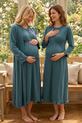 Pleated Trim 2-Piece Maternity Feeding-Friendly Nightgown & Robe Set Indigo - T4045