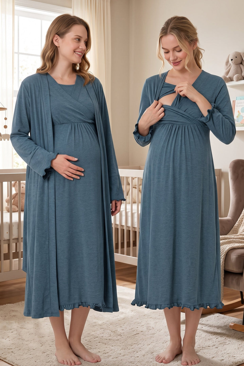 Pleated Trim 2-Piece Maternity Feeding-Friendly Nightgown & Robe Set Indigo - T4045