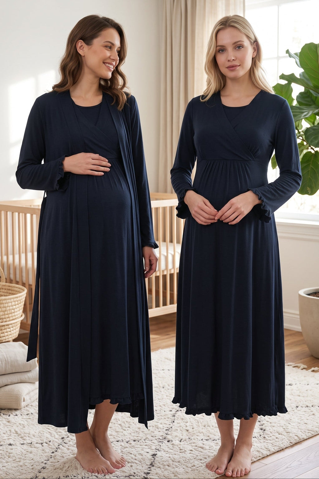 Pleated Trim 2-Piece Maternity Feeding-Friendly Nightgown & Robe Set Navy Blue - T4045