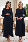 Pleated Trim 2-Piece Maternity Feeding-Friendly Nightgown & Robe Set Navy Blue - T4045