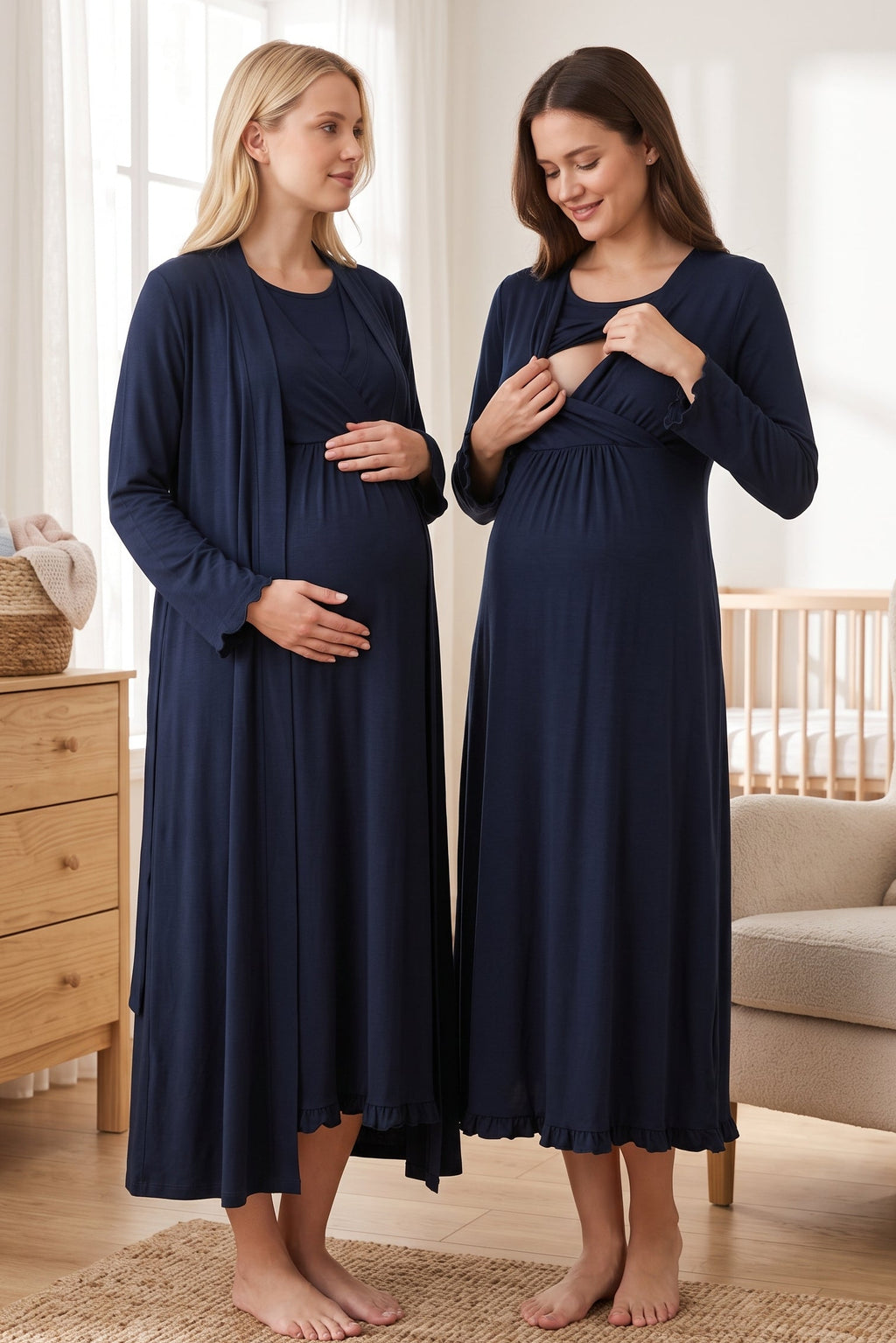 Pleated Trim 2-Piece Maternity Feeding-Friendly Nightgown & Robe Set Navy Blue - T4045