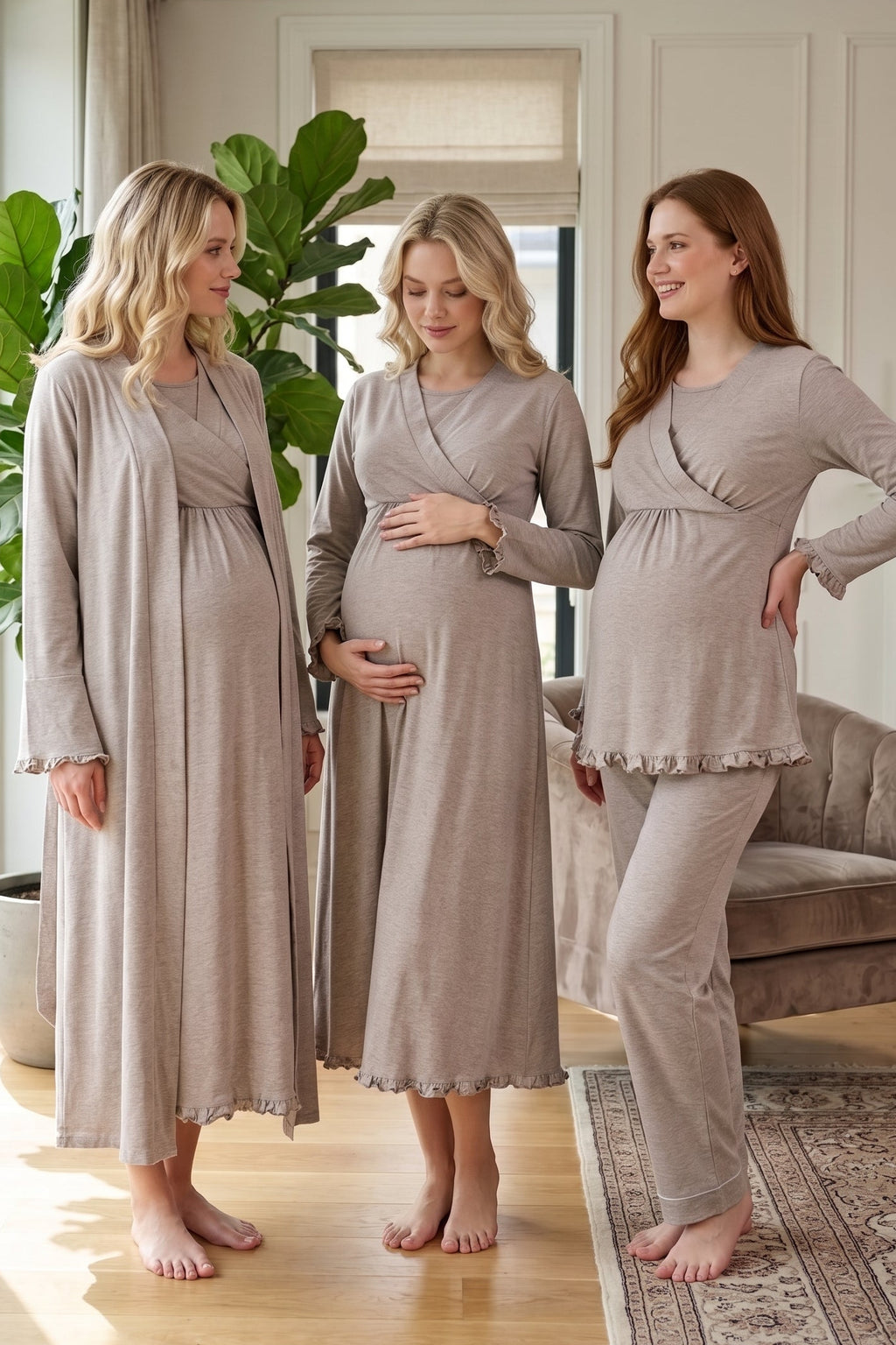 Pleated Trim 4-Piece Maternity Feeding-Friendly Set Beige - T4046