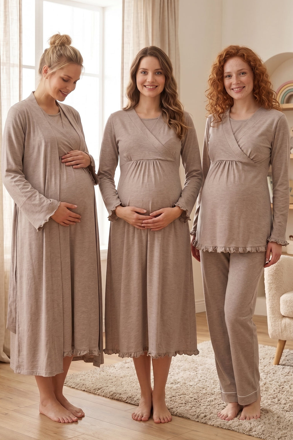 Pleated Trim 4-Piece Maternity Feeding-Friendly Set Beige - T4046