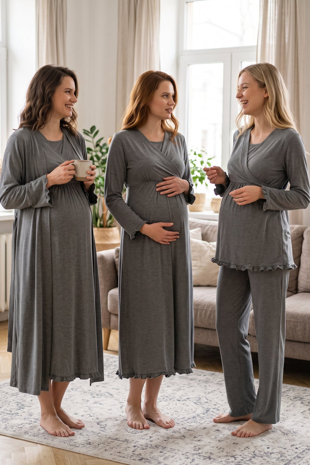 Pleated Trim 4-Piece Maternity Feeding-Friendly Set Charcoal - T4046