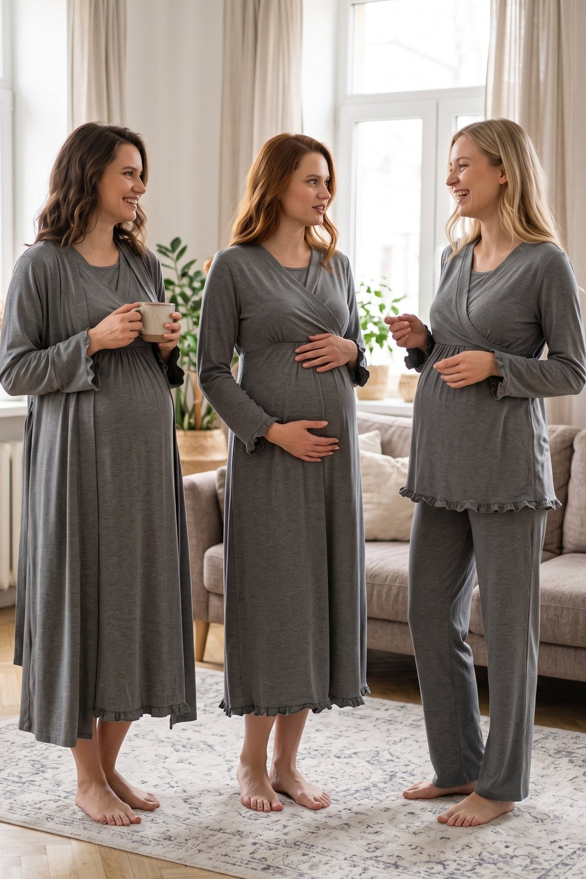Pleated Trim 4-Piece Maternity Feeding-Friendly Set Charcoal - T4046