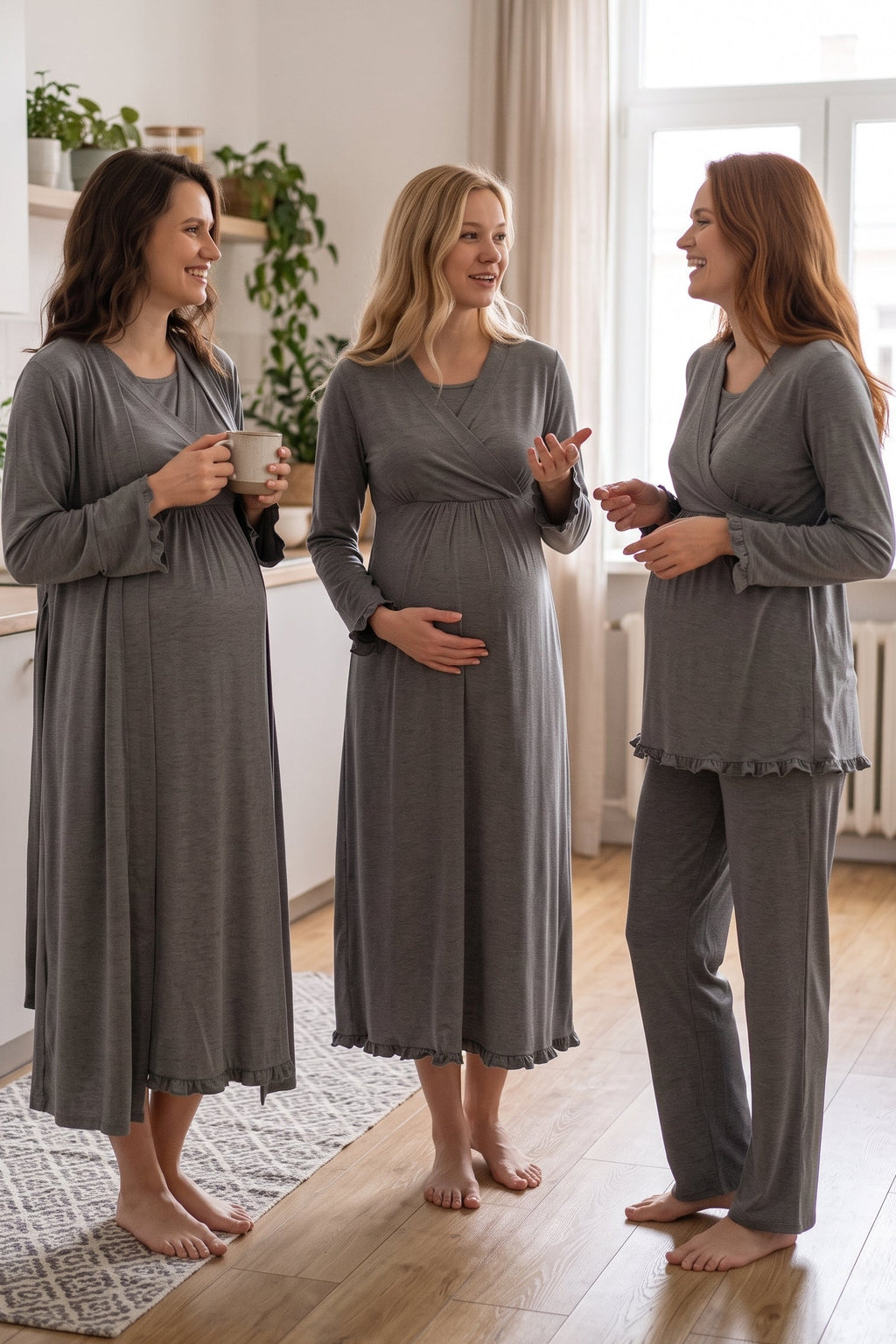 Pleated Trim 4-Piece Maternity Feeding-Friendly Set Charcoal - T4046