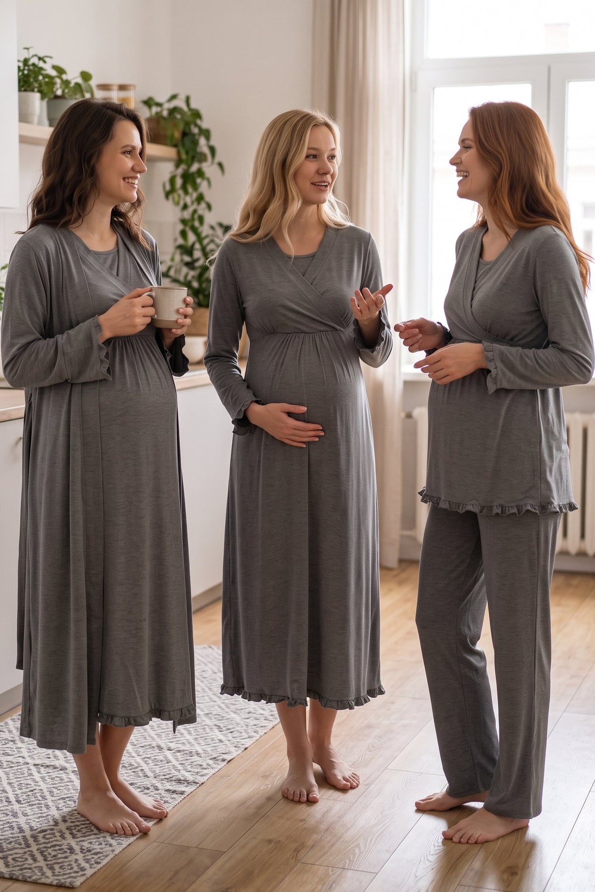 Pleated Trim 4-Piece Maternity Feeding-Friendly Set Charcoal - T4046
