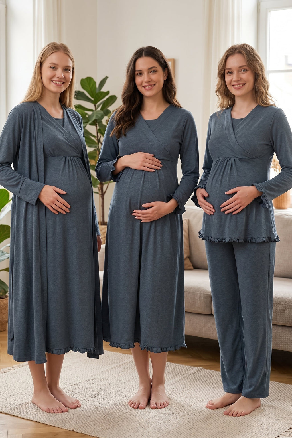 Pleated Trim 4-Piece Maternity Feeding-Friendly Set Indigo - T4046