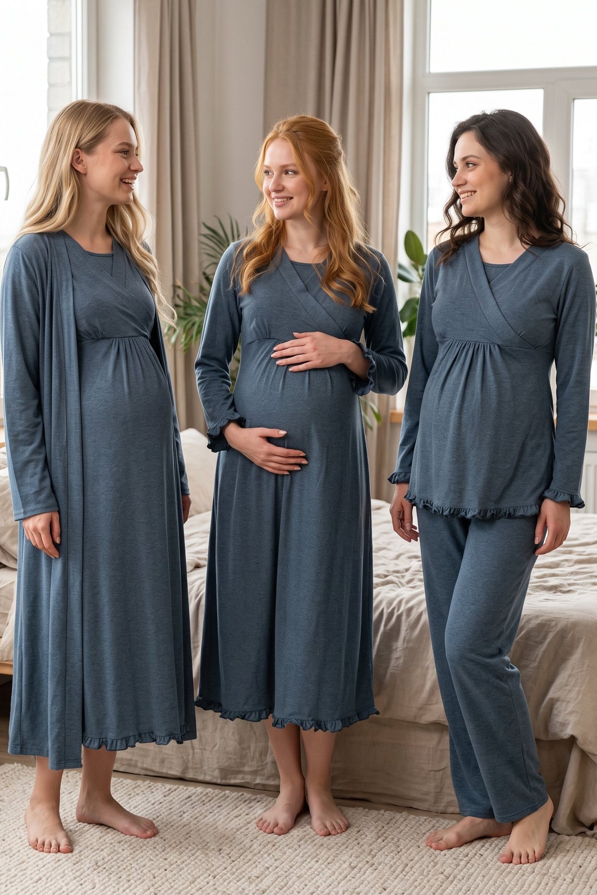 Pleated Trim 4-Piece Maternity Feeding-Friendly Set Indigo - T4046