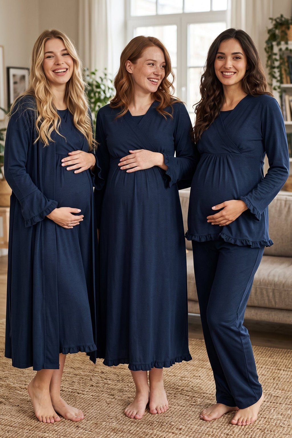 Pleated Trim 4-Piece Maternity Feeding-Friendly Set Navy Blue - T4046