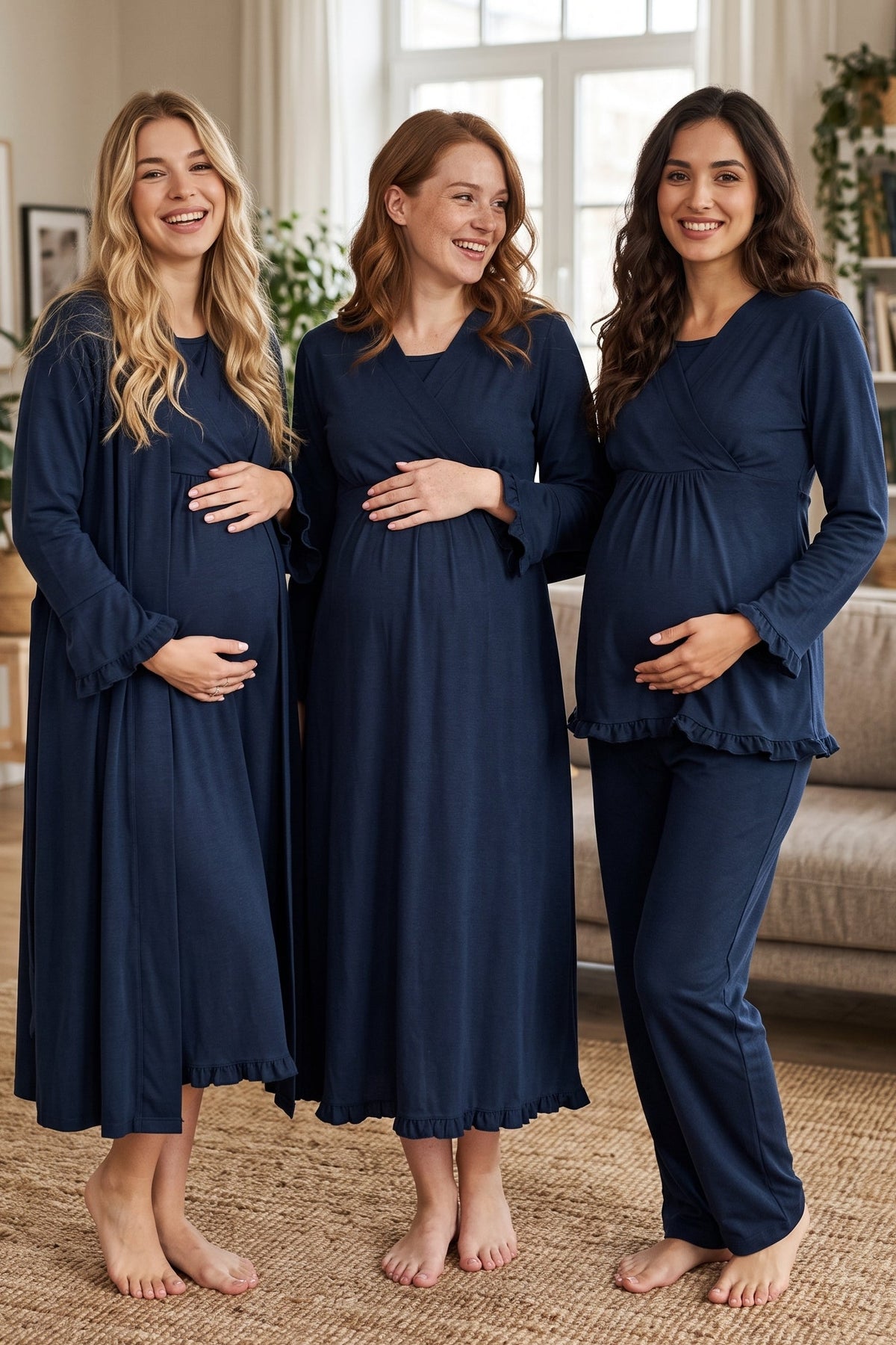 Pleated Trim 4-Piece Maternity Feeding-Friendly Set Navy Blue - T4046