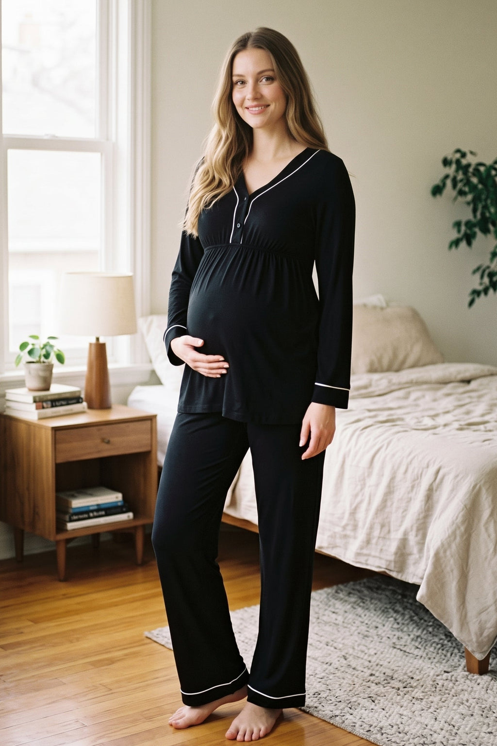 Piped V-Neck Maternity Feeding-Friendly Pajama Set Black - T4052