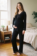 Piped V-Neck Maternity Feeding-Friendly Pajama Set Black - T4052