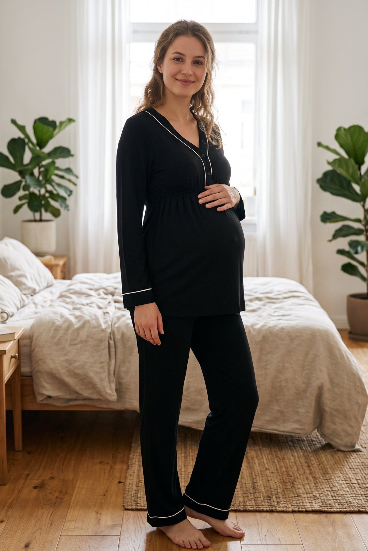 Piped V-Neck Maternity Feeding-Friendly Pajama Set Black - T4052