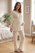 Piped V-Neck Maternity Feeding-Friendly Pajama Set Ecru - T4052